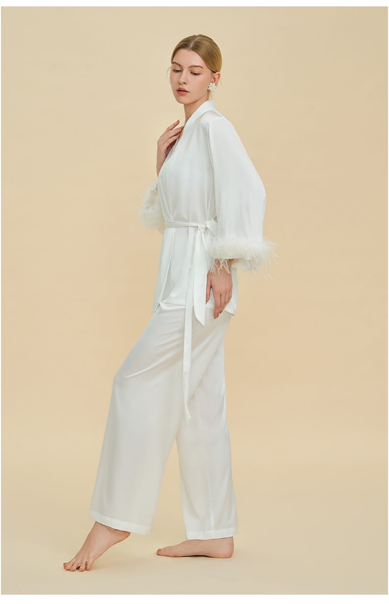 Feather Trim Satin Pajamas Set with Long Sleeves, Women's Luxury Two-Piece Loungewear
