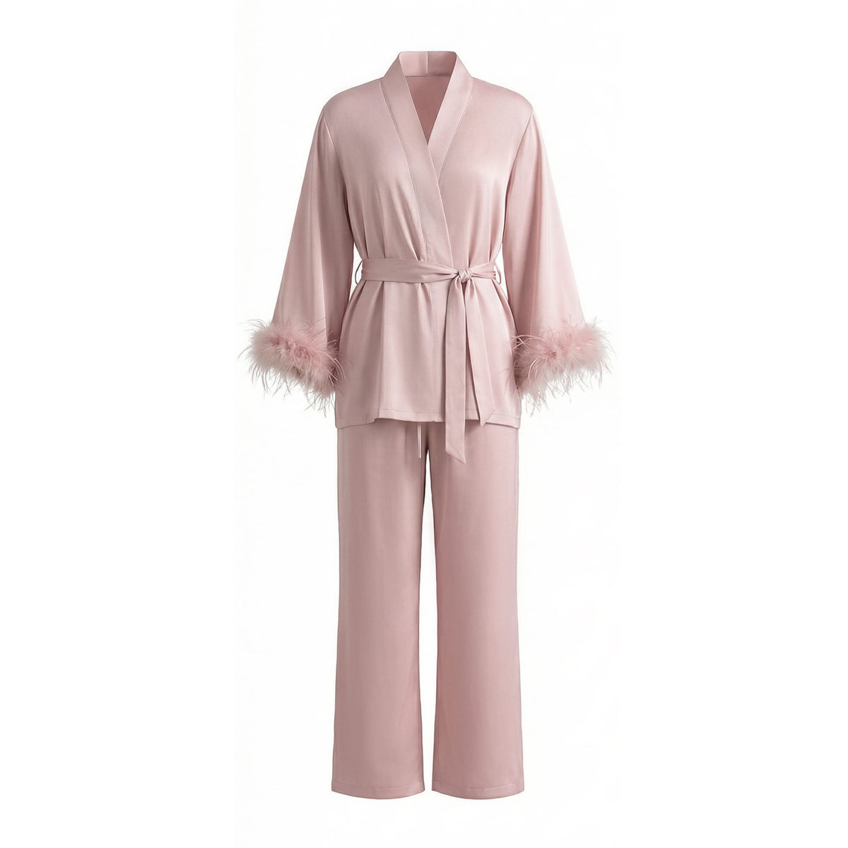 Feather Trim Satin Pajamas Set with Long Sleeves, Women's Luxury Two-Piece Loungewear