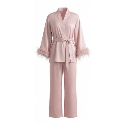 Feather Trim Satin Pajamas Set with Long Sleeves, Women's Luxury Two-Piece Loungewear