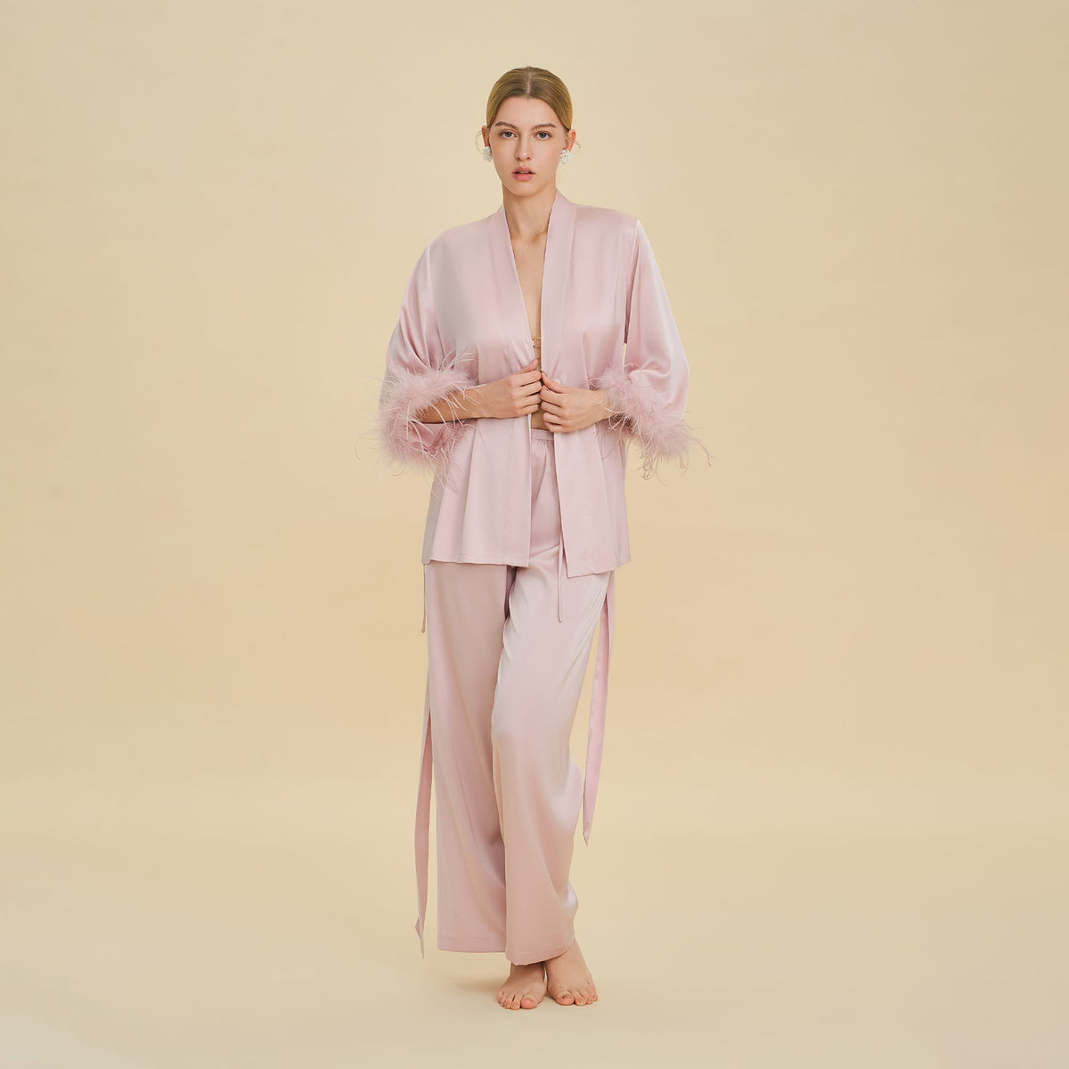 Feather Trim Satin Pajamas Set with Long Sleeves, Women's Luxury Two-Piece Loungewear