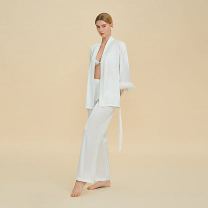 Feather Trim Satin Pajamas Set with Long Sleeves, Women's Luxury Two-Piece Loungewear