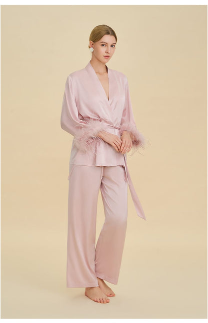 Feather Trim Satin Pajamas Set with Long Sleeves, Women's Luxury Two-Piece Loungewear