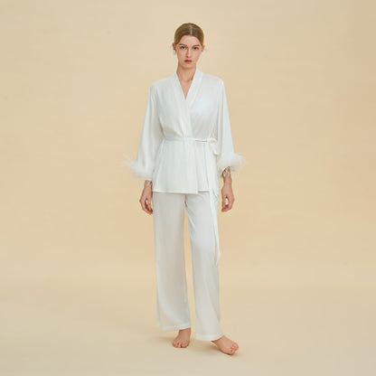 Feather Trim Satin Pajamas Set with Long Sleeves, Women's Luxury Two-Piece Loungewear