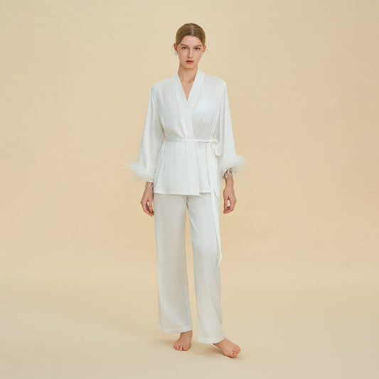 Feather Trim Satin Pajamas Set with Long Sleeves, Women's Luxury Two-Piece Loungewear