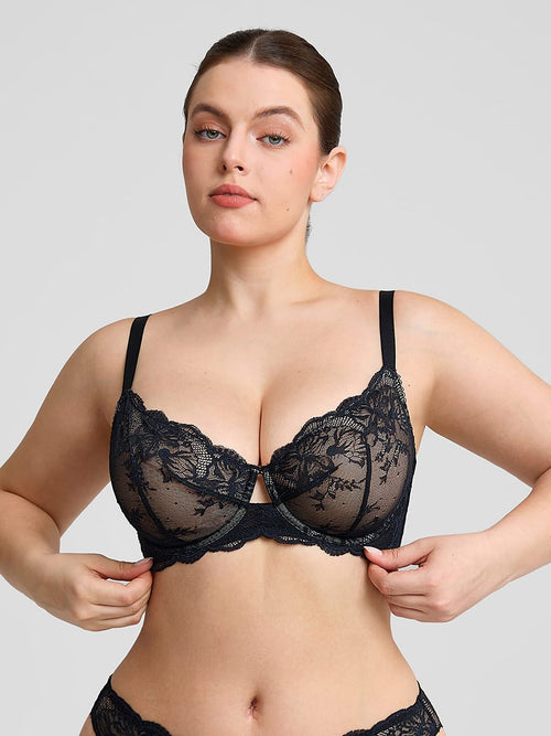 Sheer Floral Lace Bra with Underwire and Mesh Lining
