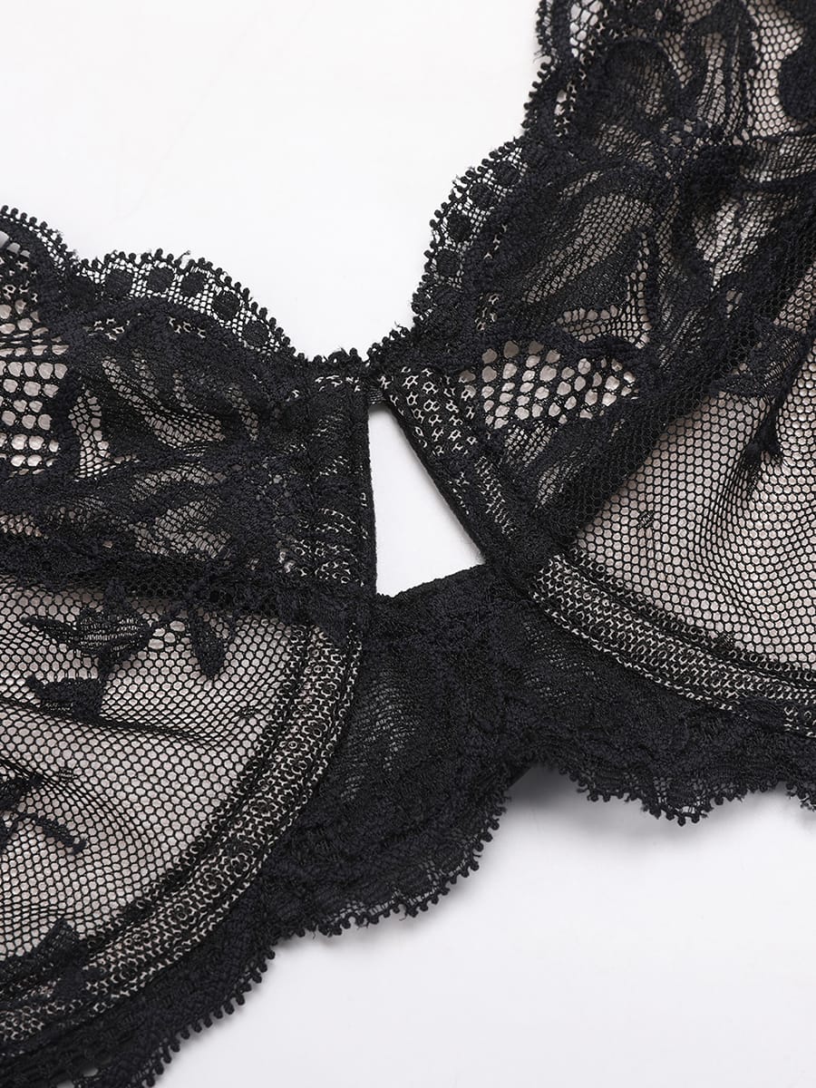 Sheer Floral Lace Bra with Underwire and Mesh Lining