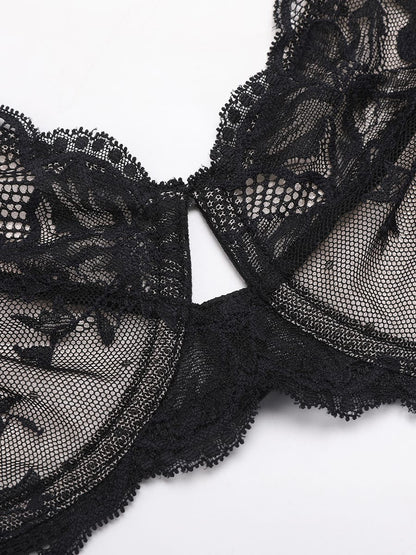 Sheer Floral Lace Bra with Underwire and Mesh Lining