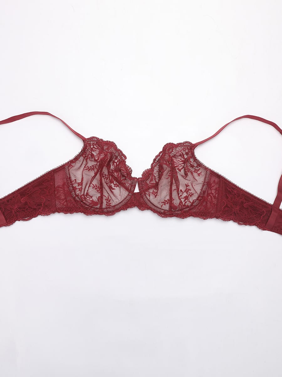 Sheer Floral Lace Bra with Underwire and Mesh Lining