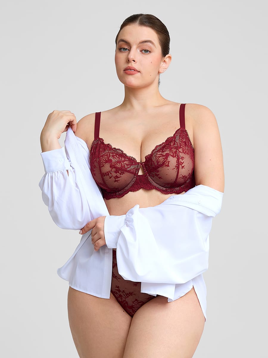 Sheer Floral Lace Bra with Underwire and Mesh Lining