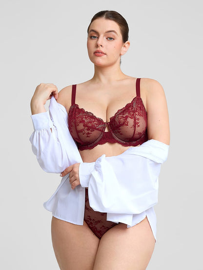 Sheer Floral Lace Bra with Underwire and Mesh Lining