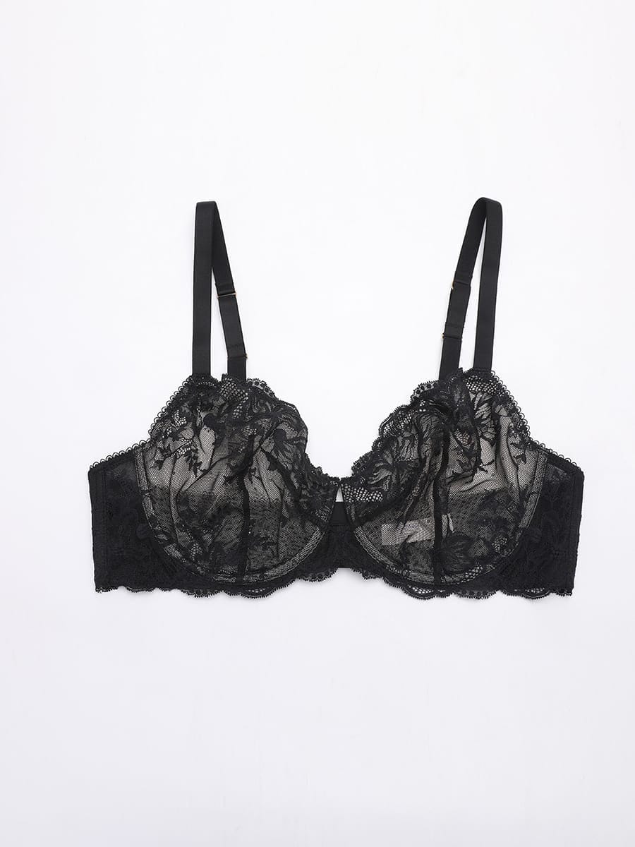 Sheer Floral Lace Bra with Underwire and Mesh Lining