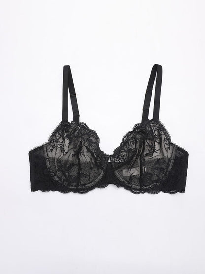 Sheer Floral Lace Bra with Underwire and Mesh Lining