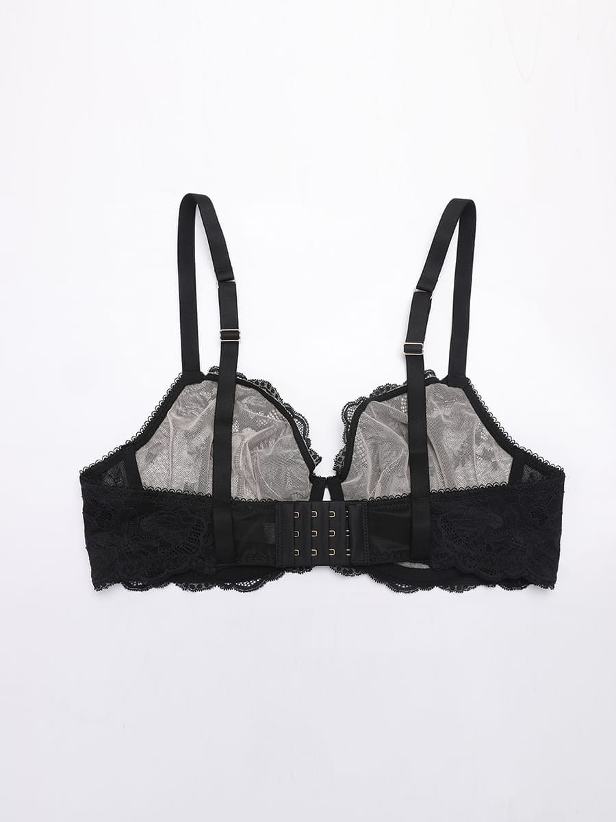 Sheer Floral Lace Bra with Underwire and Mesh Lining