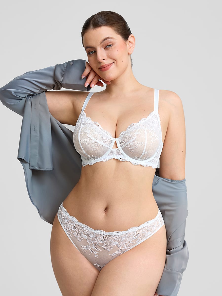 Sheer Floral Lace Bra with Underwire and Mesh Lining