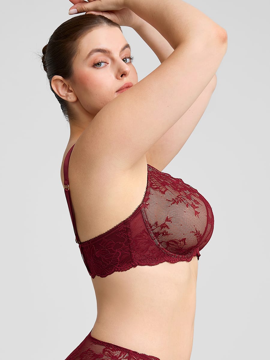 Sheer Floral Lace Bra with Underwire and Mesh Lining