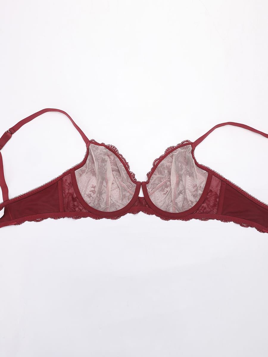 Sheer Floral Lace Bra with Underwire and Mesh Lining