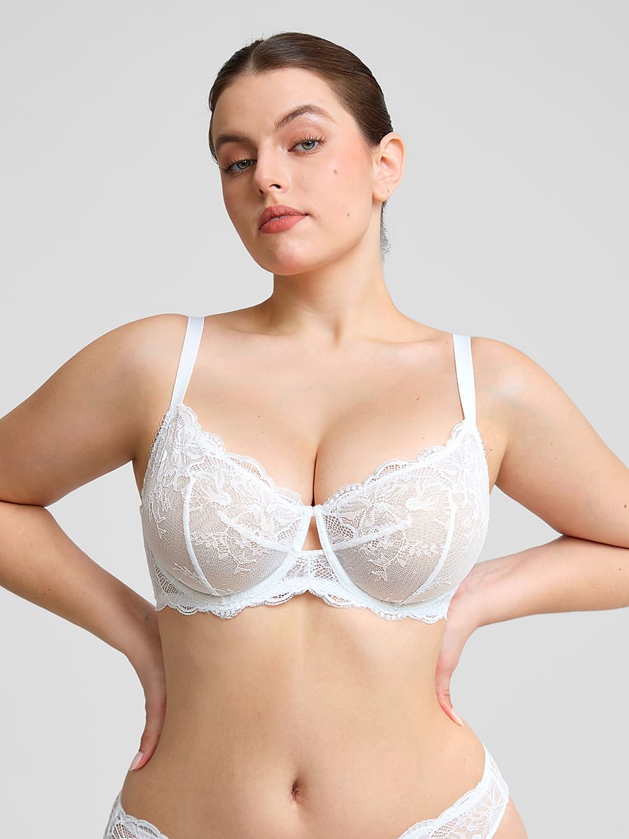 Sheer Floral Lace Bra with Underwire and Mesh Lining