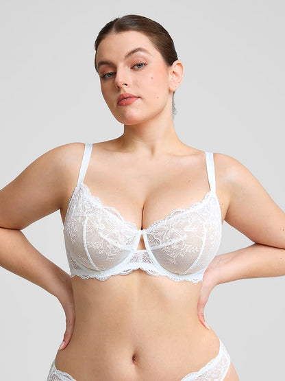 Sheer Floral Lace Bra with Underwire and Mesh Lining